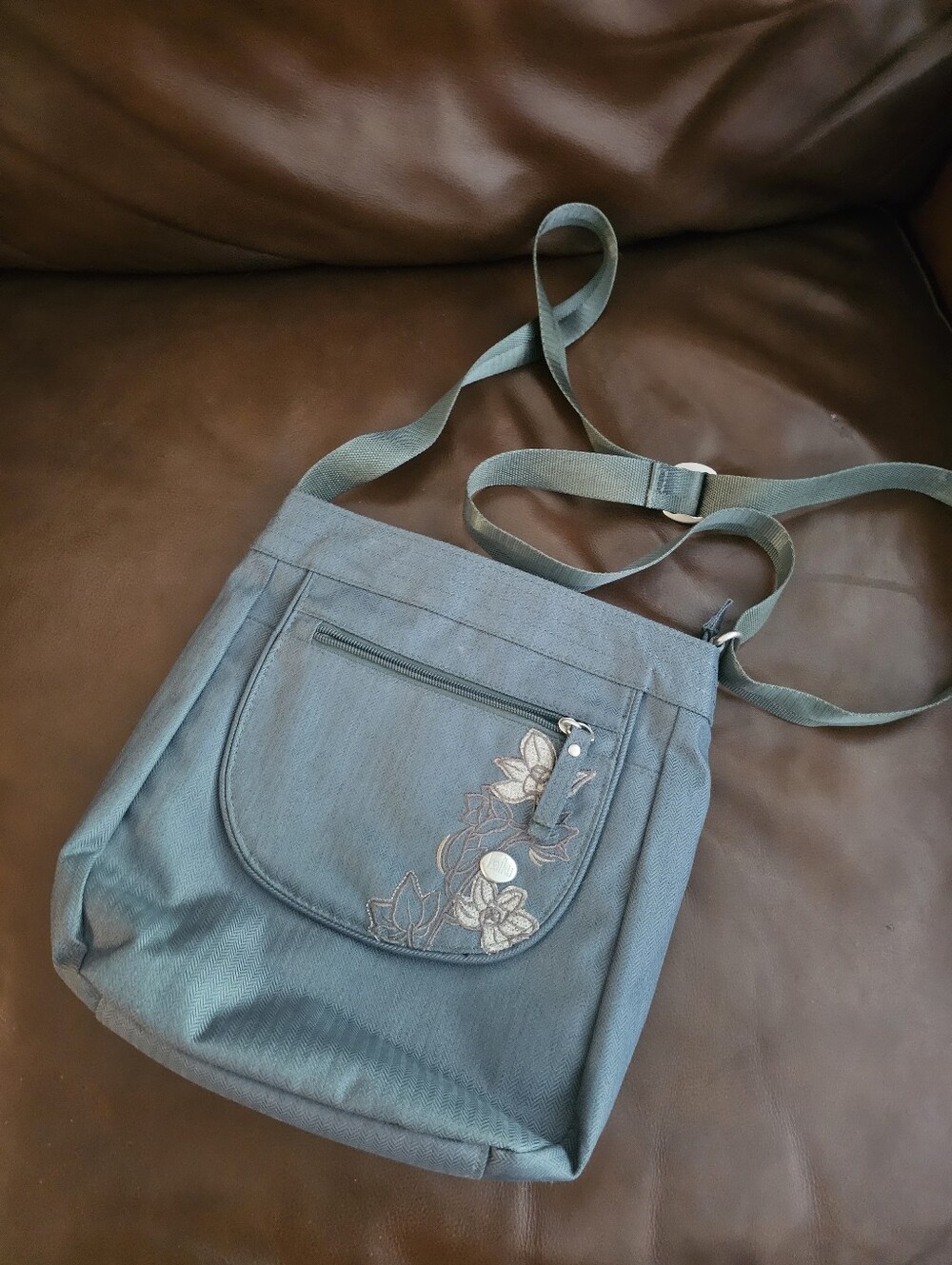 Haiku Denim Blue Crossbody Bag with White Floral Embroidery